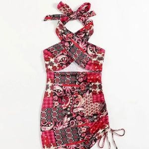 Floral Paisley Printed Cross Neck Backless Ruched Drawstring Dress